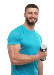 Photo of Handsome man with dumbbell on white background