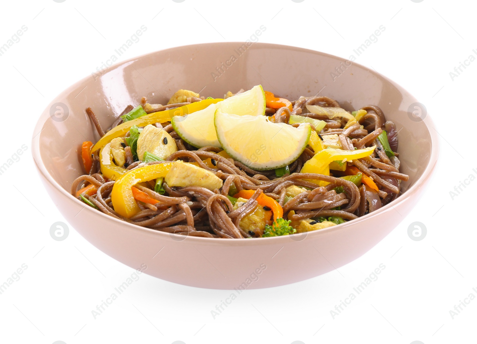 Photo of Stir-fry. Delicious cooked noodles with chicken and vegetables in bowl isolated on white