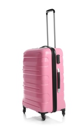 Photo of Trendy pink suitcase on white background