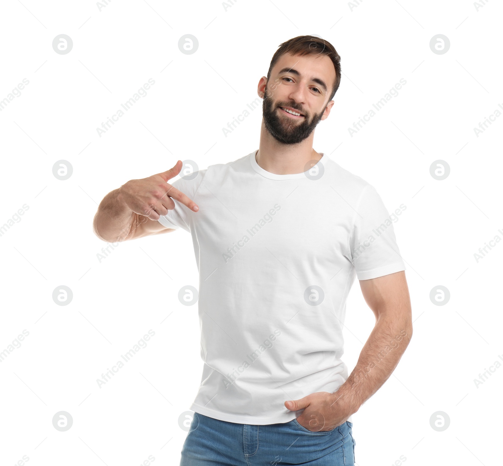 Photo of Young man in t-shirt on white background. Mockup for design