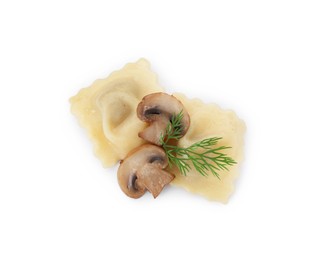 Photo of Delicious ravioli with mushroom and dill isolated on white, top view
