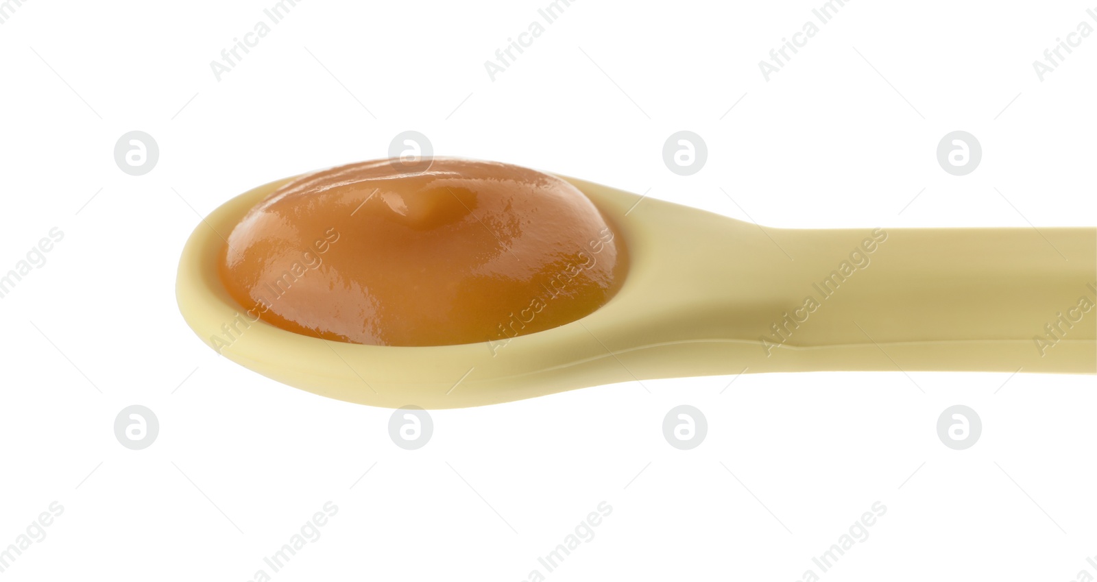 Photo of Healthy baby food in spoon isolated on white