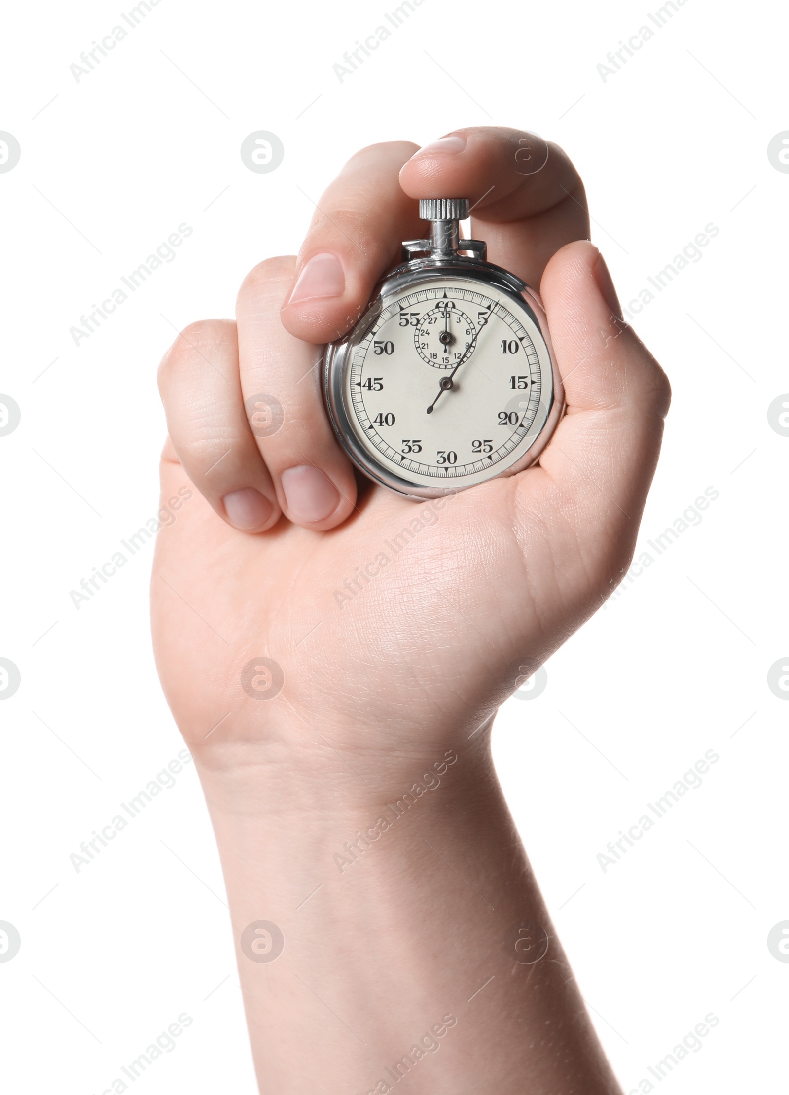 Photo of Man holding vintage timer on white background, closeup