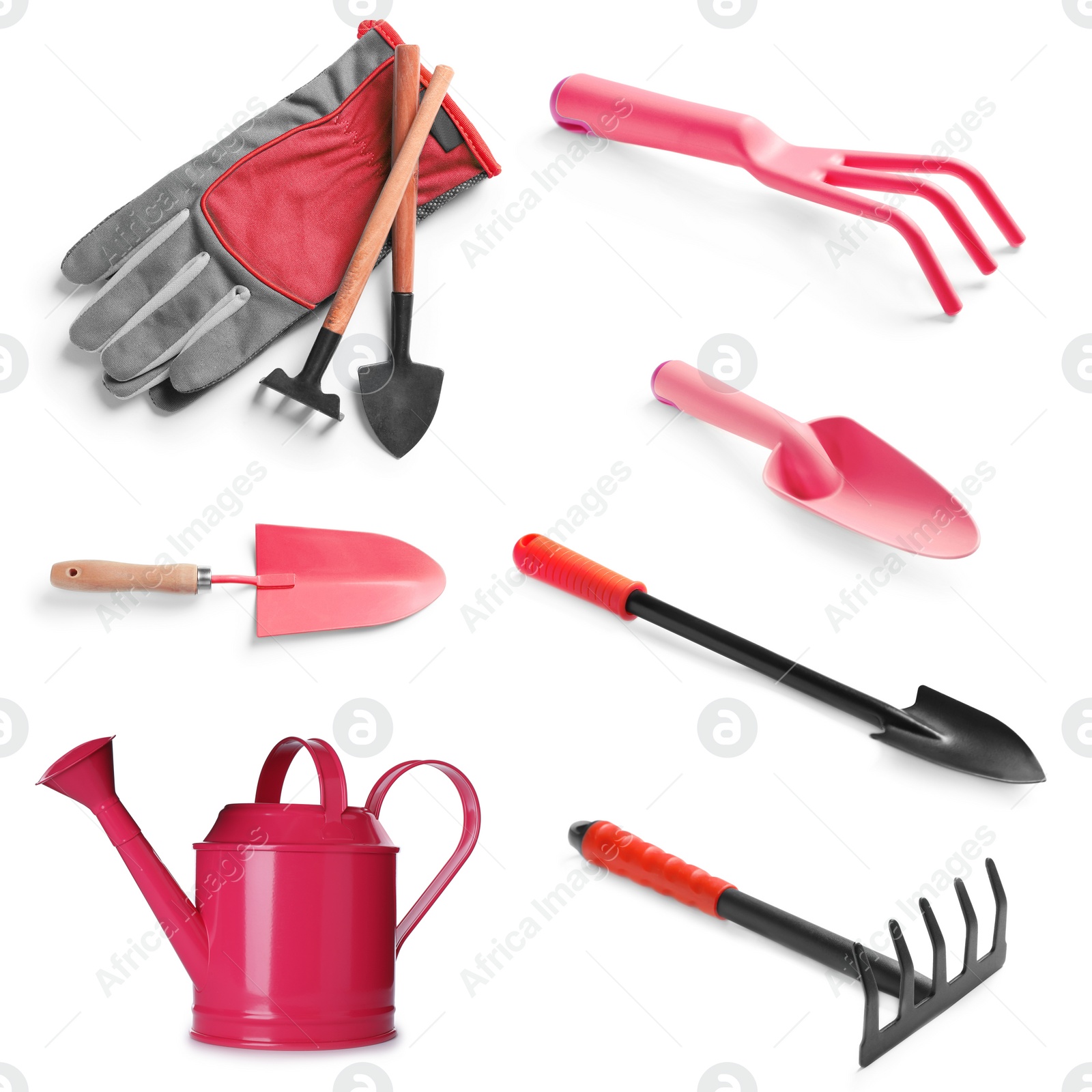 Image of Set of different gardening tools on white background