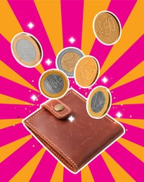Illustration of Different coins falling over wallet on pink and orange striped background