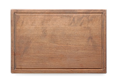 Wooden cutting board on white background, top view