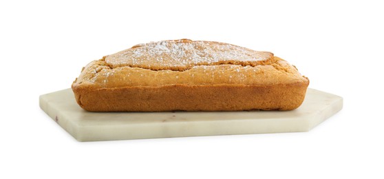 Photo of Delicious homemade yogurt cake with powdered sugar on white background