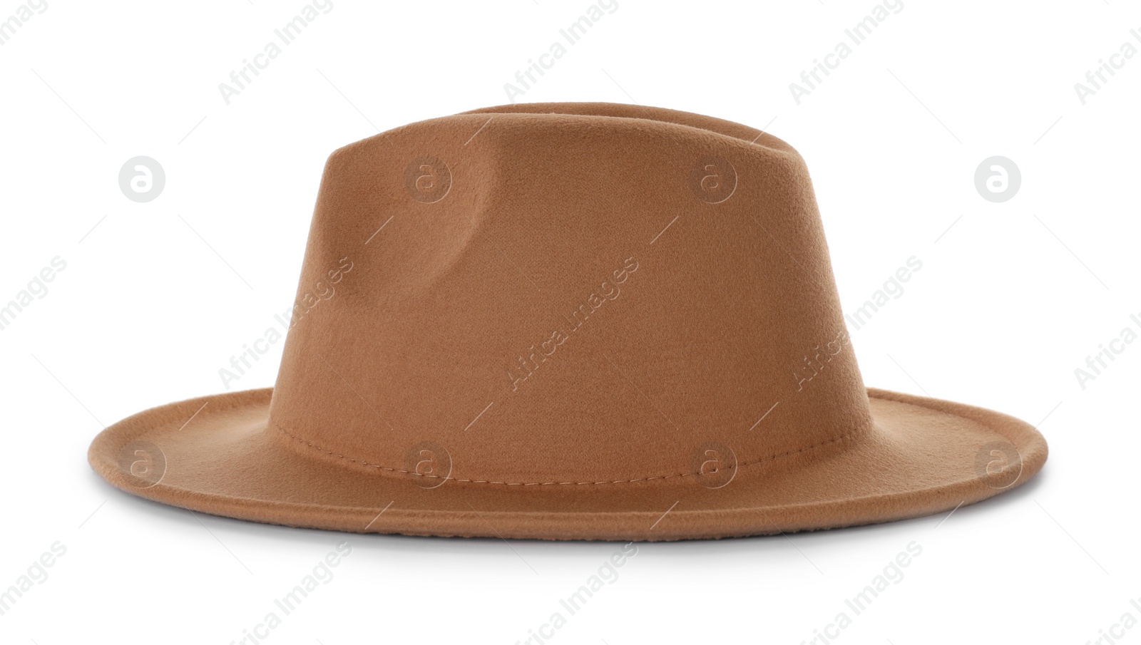 Photo of Stylish beige hat isolated on white. Trendy headdress