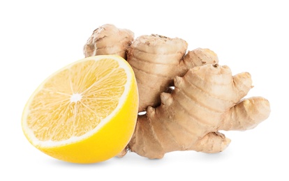 Image of Fresh ginger root and lemon on white background