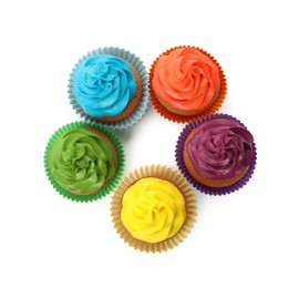 Photo of Different delicious colorful cupcakes on white background, top view