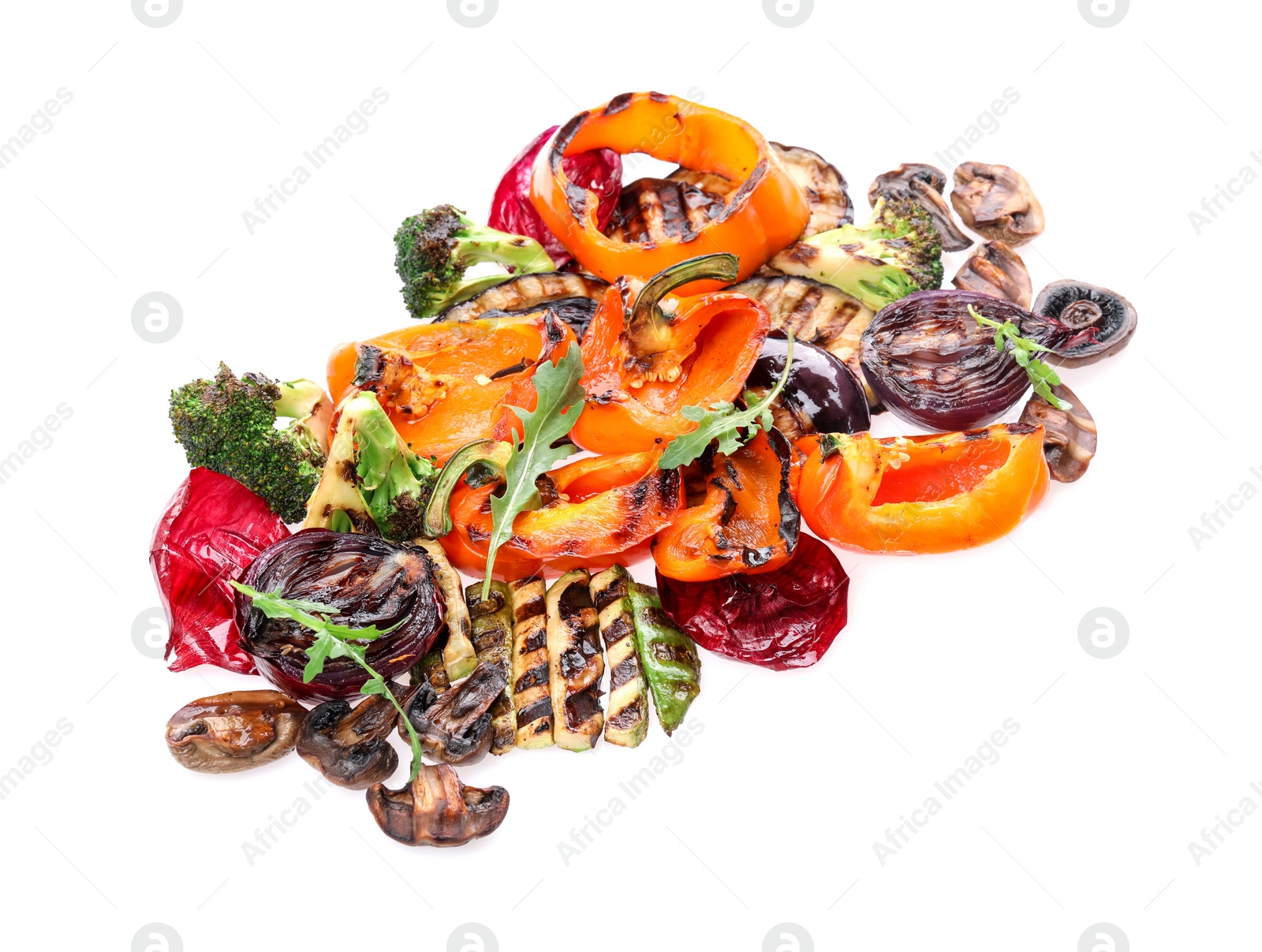 Photo of Different delicious grilled vegetables isolated on white