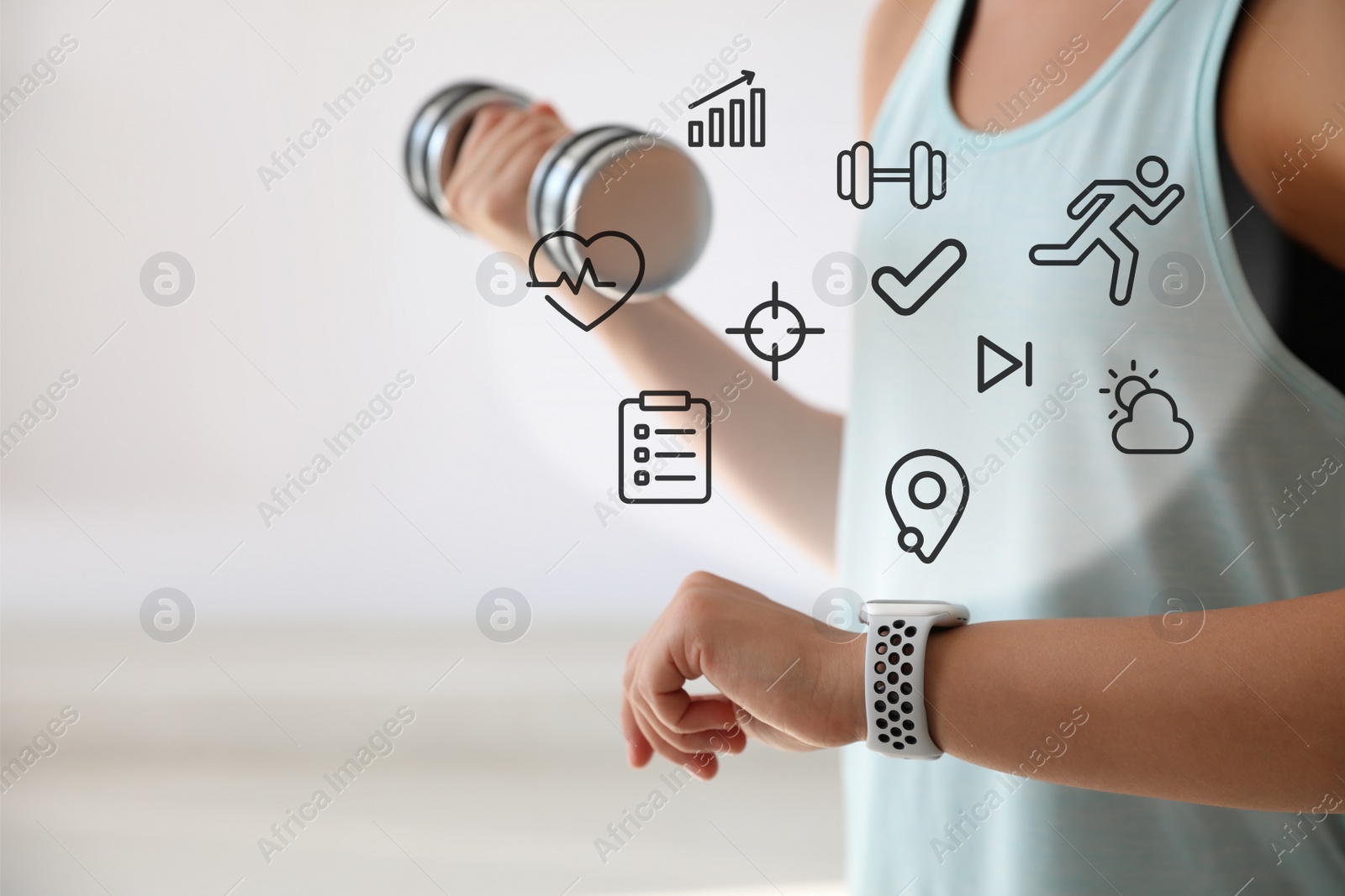 Image of Woman checking fitness tracker indoors, closeup view