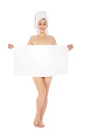 Photo of Full length portrait of young pretty woman with towels on white background