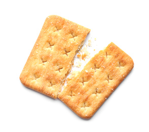 Photo of Broken delicious crispy cracker isolated on white, top view