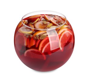 Photo of Glass bowl of aromatic punch drink isolated on white