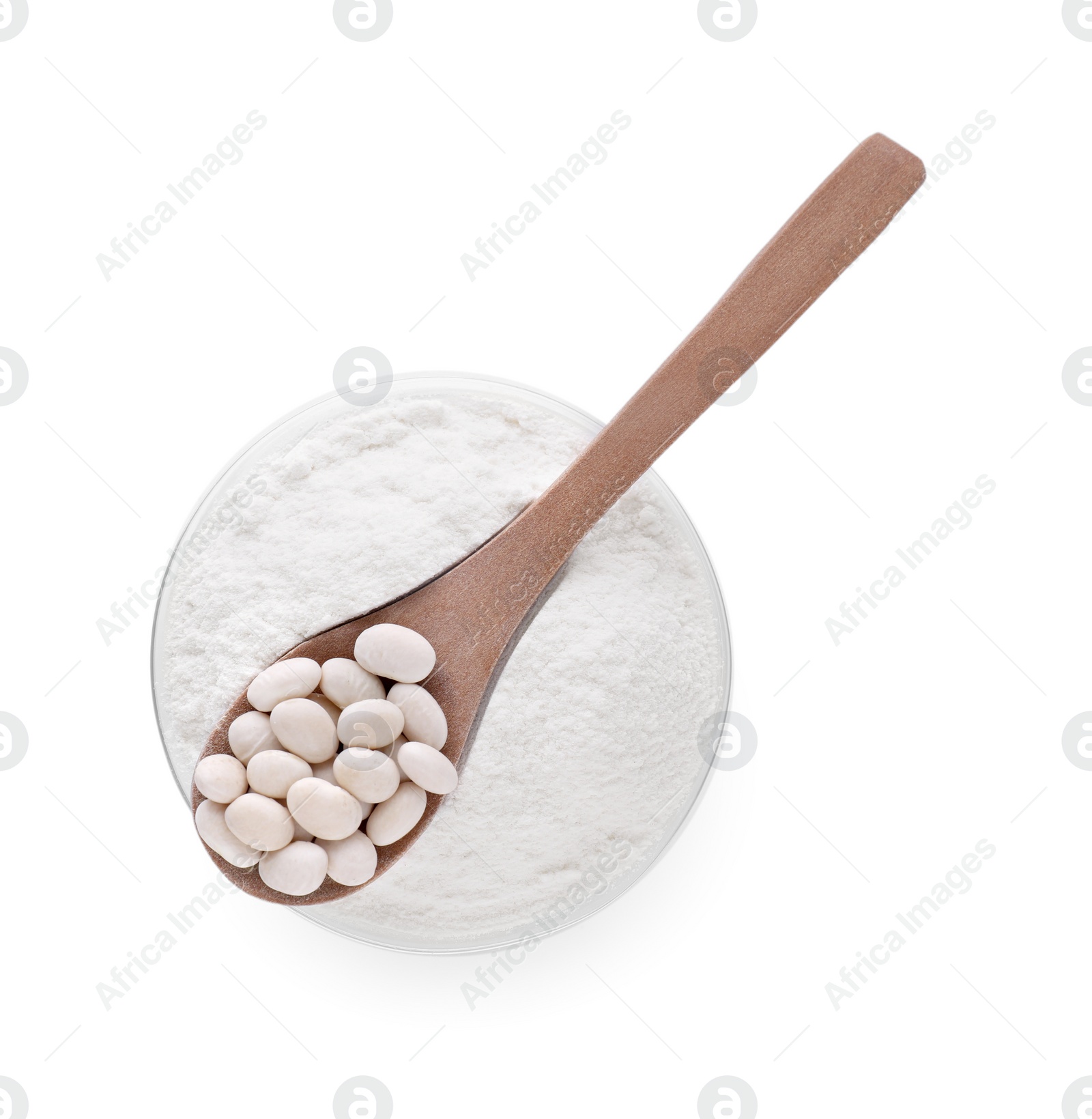 Photo of Flour in bowl and wooden spoon with kidney beans isolated on white, top view
