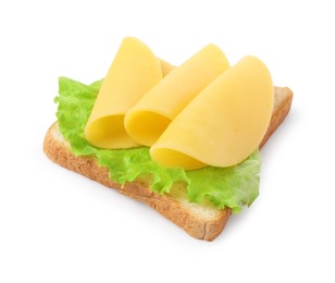 Photo of Tasty sandwich with slices of fresh cheese and lettuce isolated on white