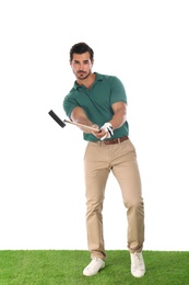 Photo of Young man playing golf on white background