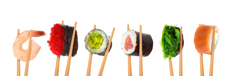 Image of Collage of different sushi rolls and shrimp on white background. Banner design
