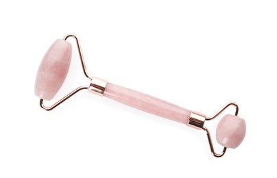 Rose quartz face roller on white background, top view