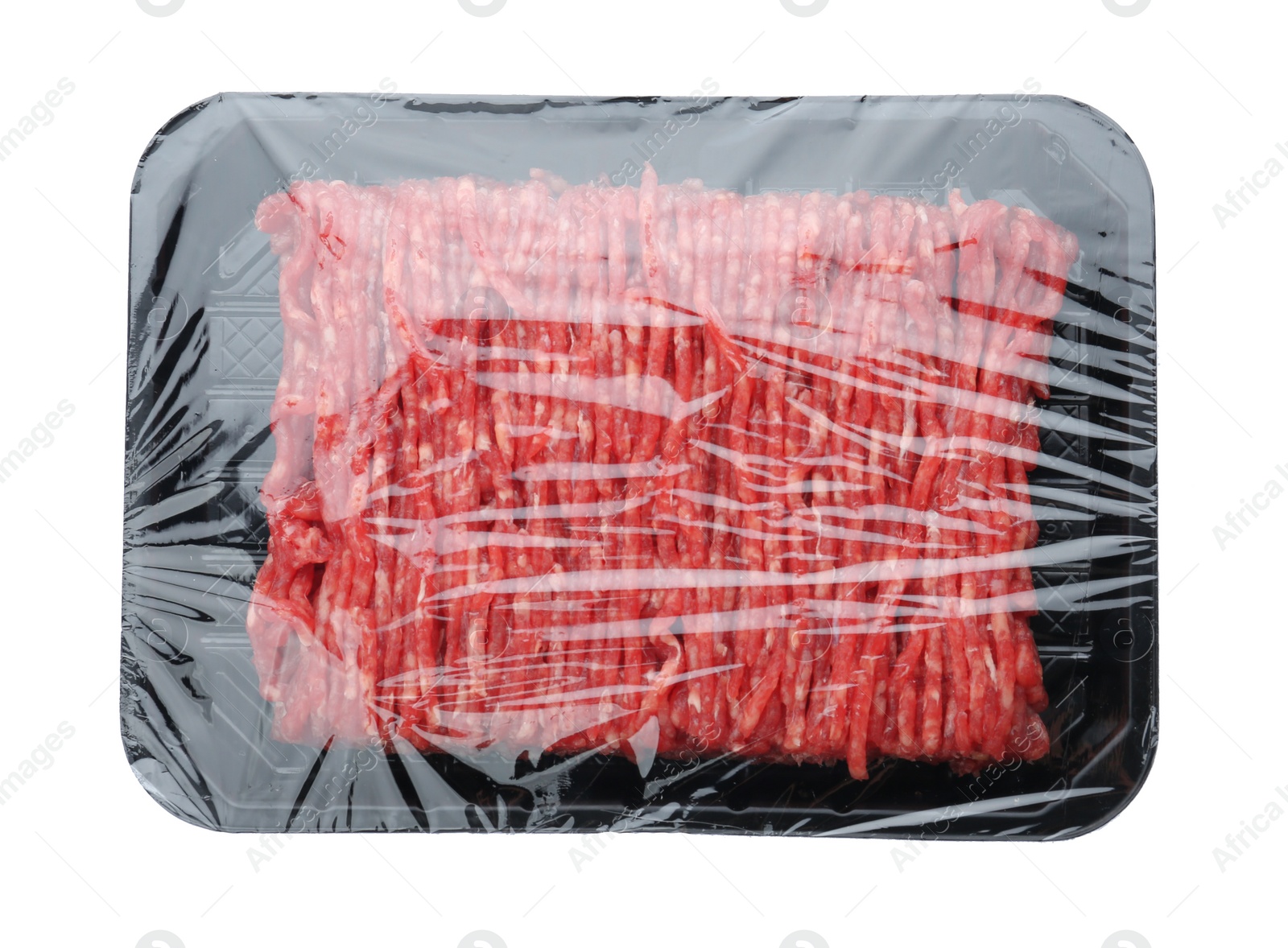 Photo of Fresh raw minced meat on white background, top view