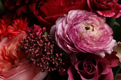 Photo of Beautiful fresh bouquet as background, closeup. Floral decor