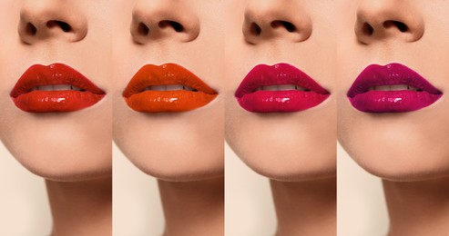 Image of Collage with photos of young woman with different glossy lipsticks on light background, closeup. Banner design
