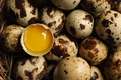 Photo of Whole, cracked quail eggs as background, top view