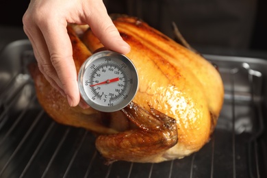 Woman measuring temperature of whole roasted turkey with meat thermometer, closeup