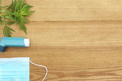 Flat lay composition with ragweed plant (Ambrosia genus) on wooden background, space for text. Seasonal allergy