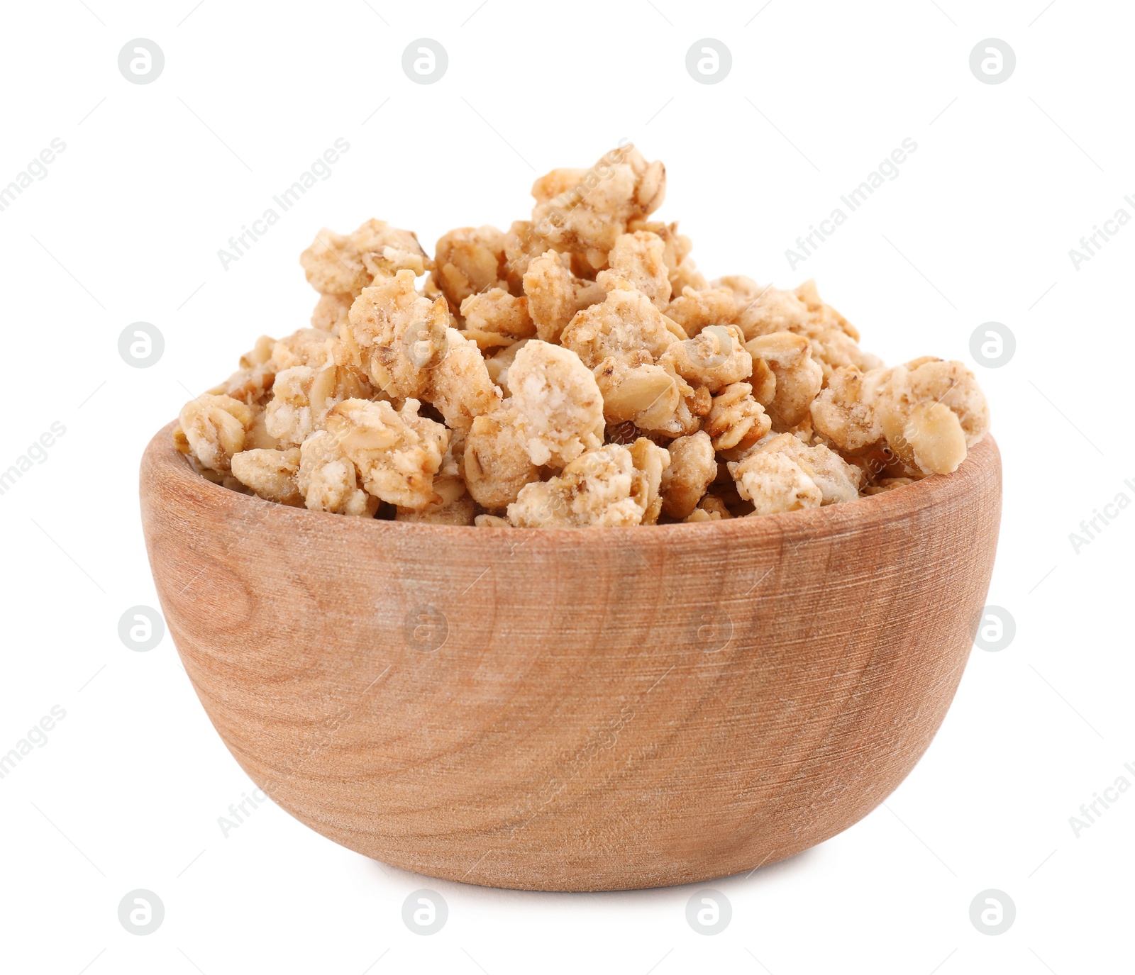 Image of Tasty crispy granola in wooden bowl isolated on white