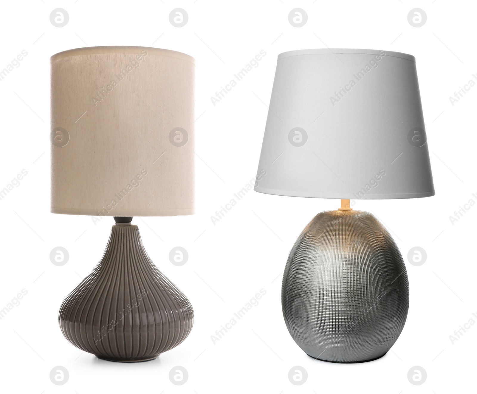 Image of Collage with different stylish night lamps on white background