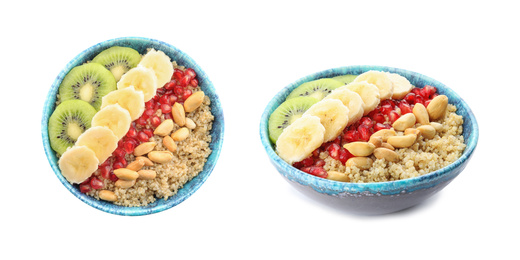 Bowls with quinoa porridge with peanuts, kiwi, banana and pomegranate seeds on white background