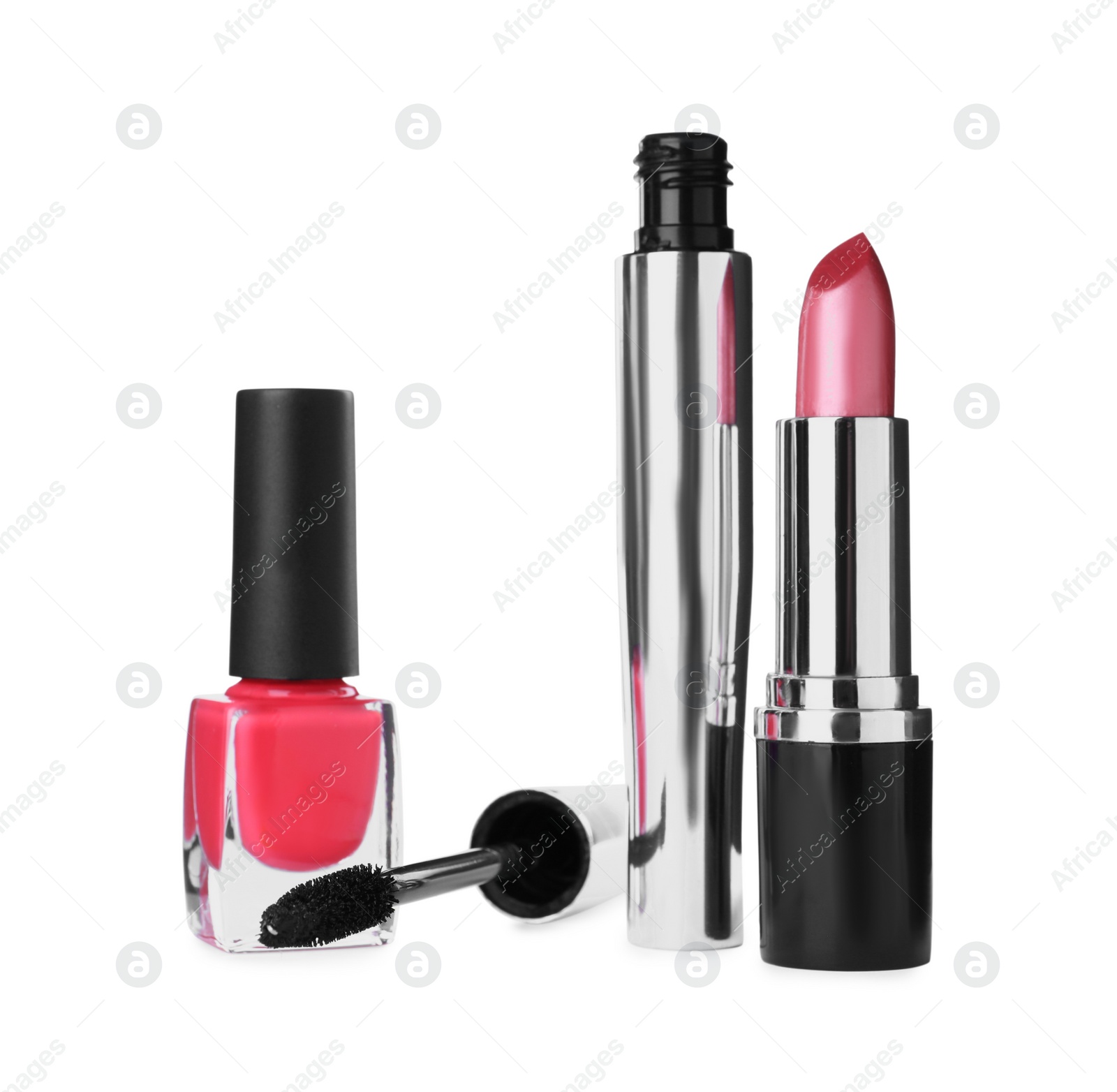 Photo of Different luxury decorative cosmetics on white background