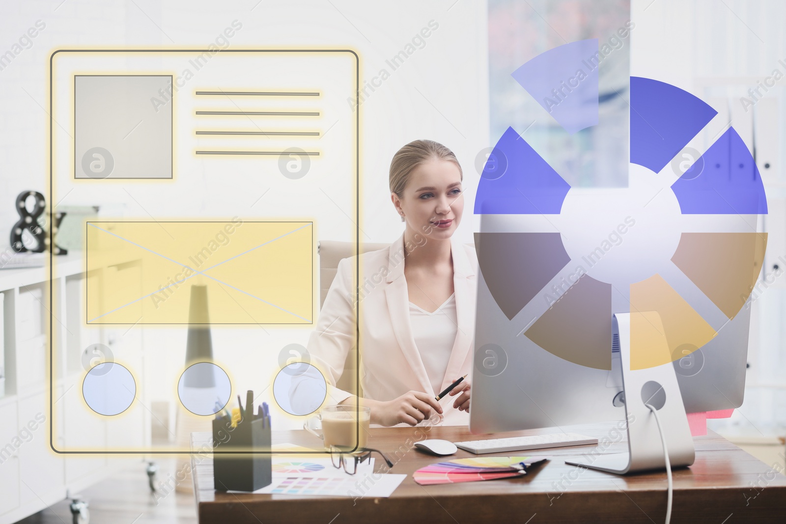 Image of Female designer working at desk in office and illustration of colorful graphs. Double exposure
