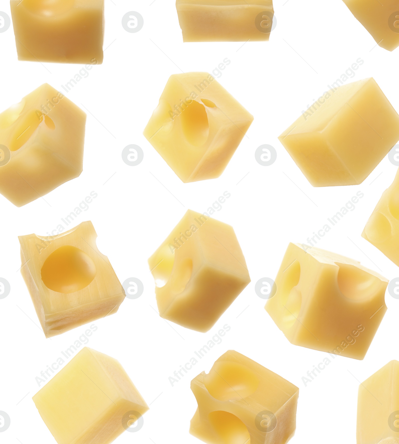 Image of Set of delicious cheese cubes on white background