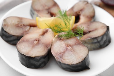 Slices of tasty salted mackerel, dill and lemon wedge on white plate, closeup