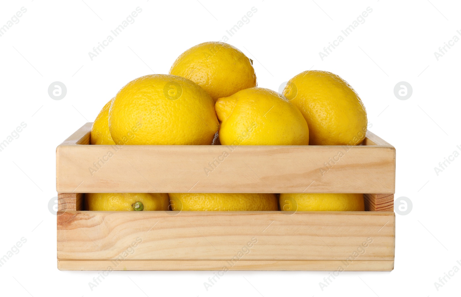 Photo of Wooden crate full of fresh lemons on white background