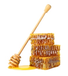 Photo of Composition with fresh honeycombs on white background