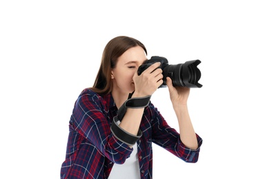 Photo of Professional photographer taking picture on white background