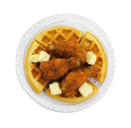 Photo of Delicious Belgium waffles with fried chicken and butter isolated on white, top view