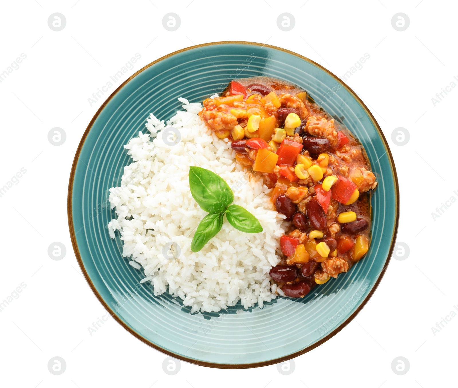 Photo of Plate of rice with chili con carne on white background, top view
