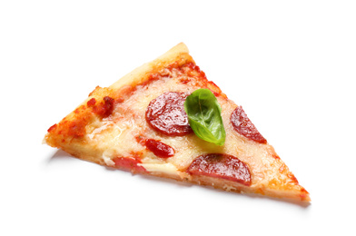 Photo of Slice of hot delicious pepperoni pizza on white background