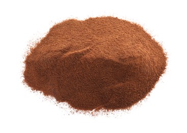 Photo of Heap of aromatic instant coffee isolated on white, top view