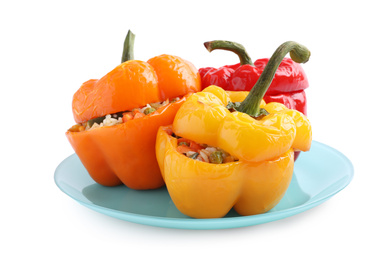 Photo of Tasty stuffed bell peppers isolated on white