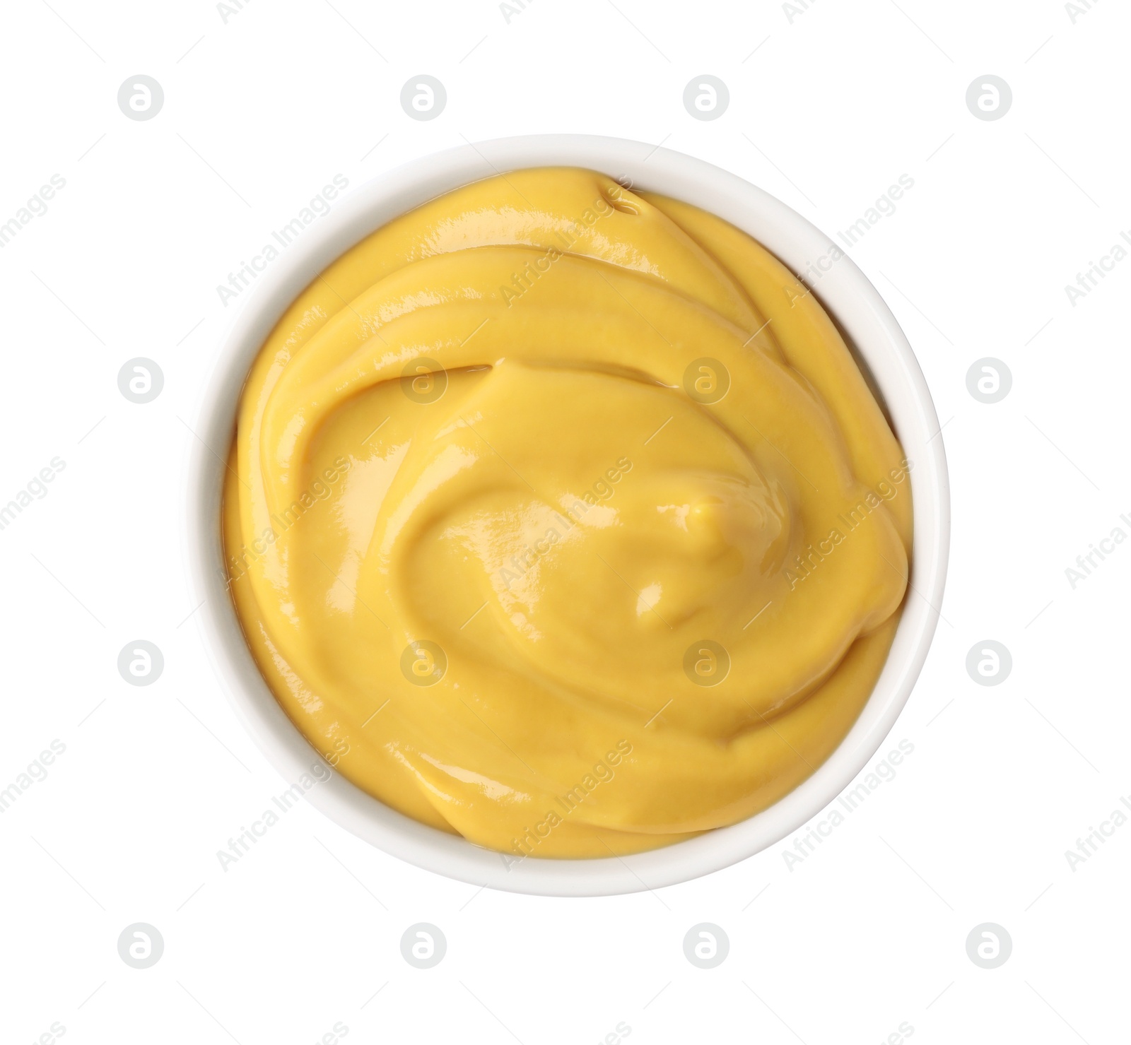 Photo of Spicy mustard in bowl isolated on white, top view