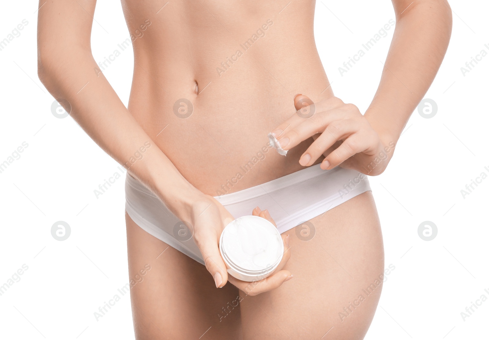 Photo of Young woman with jar of body cream on white background