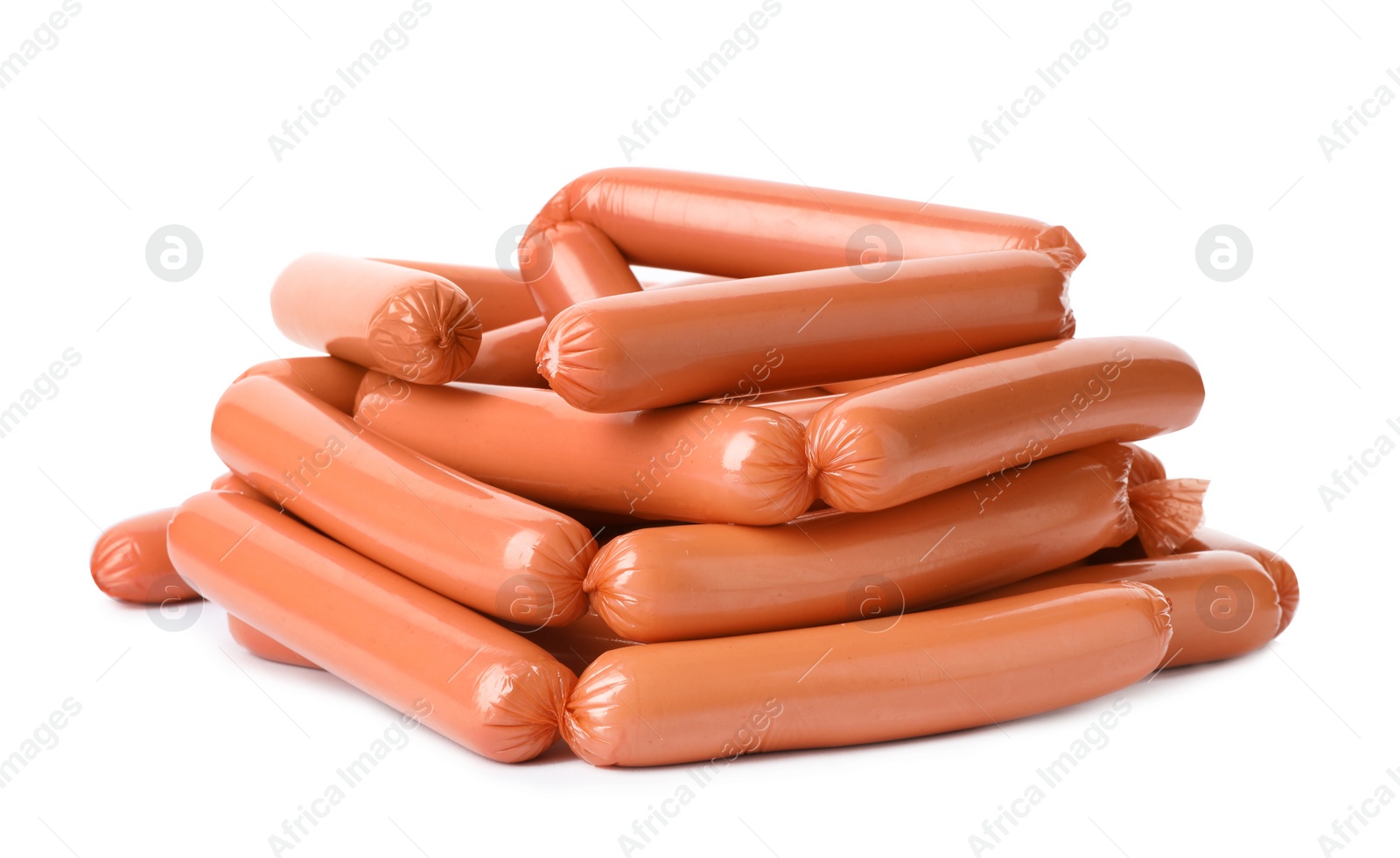 Photo of Encased sausages on white background. Meat product