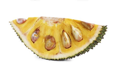 Slice of delicious cut fresh exotic jackfruit isolated on white