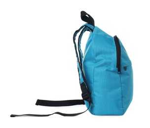 Stylish light blue backpack on white background